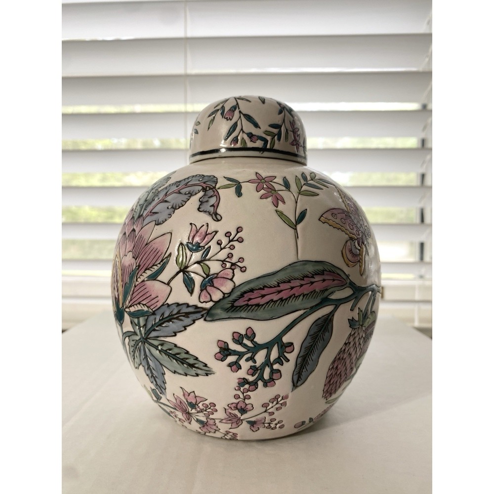Vintage Floral & Butterflies Ginger‎ Jar Decorative Hand Painted With Lid